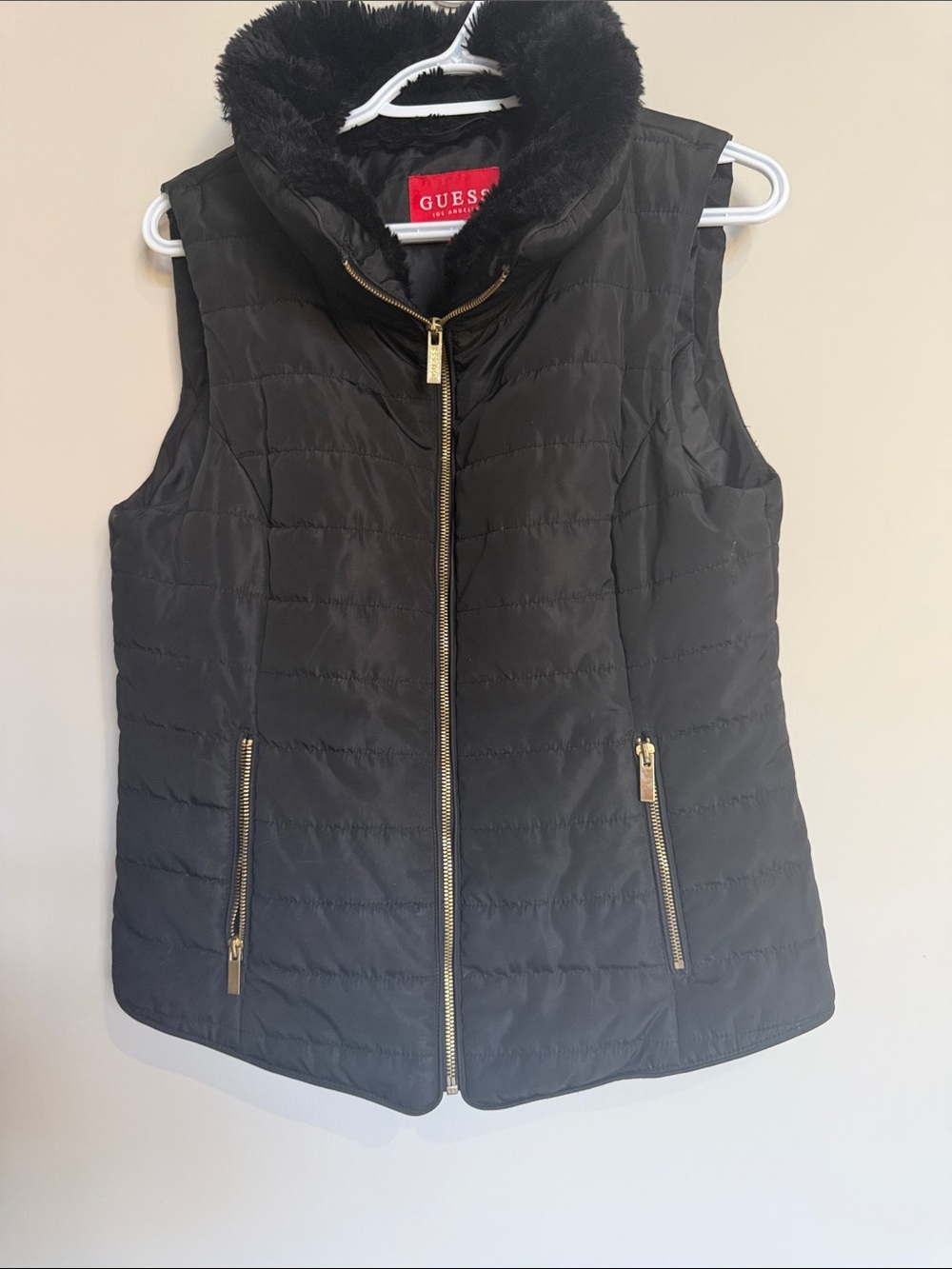 GUESS Black Quilted Puffer Vest with Faux Fur Collar